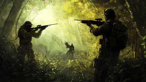 Armed soldiers confront a winged figure in glowing jungle mist