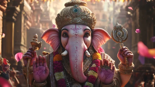 Photorealistic Ganesha idol with ornate regalia and garlands.