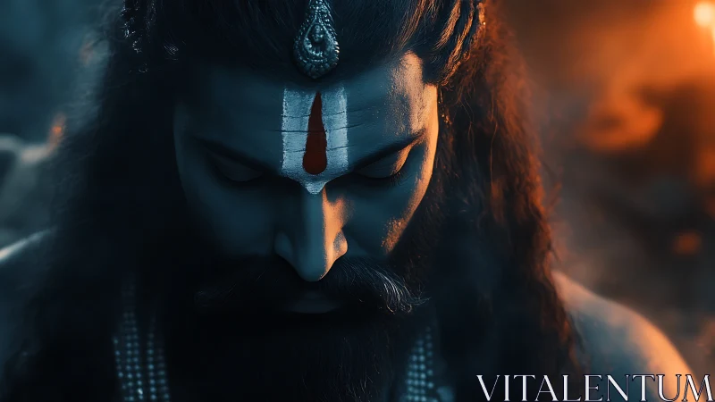 Meditating saint with tilak in dramatic warm cool light.