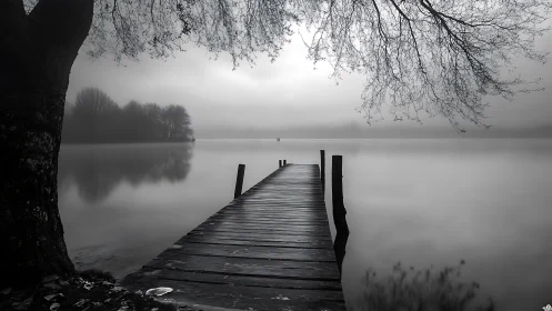 Quiet wooden pier reaching into a soft misty lakeside calm.