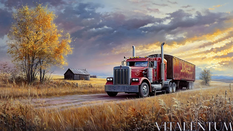 Red semi truck traverses rural dirt road at autumn sunrise