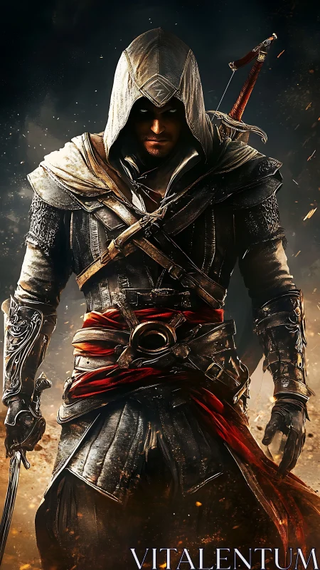 Hooded armored rogue in detailed leather and steel gear.