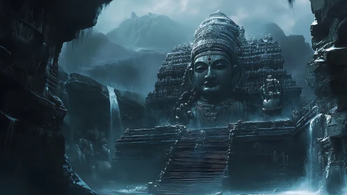 Colossal cave deity temple breathing cold blue mist.