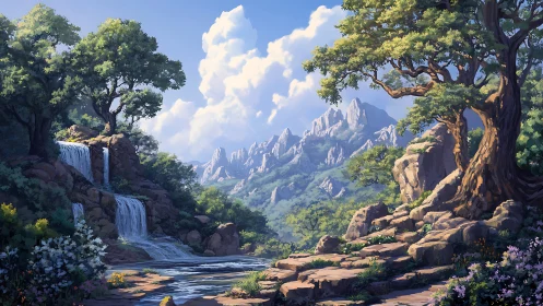 Mountain valley landscape with waterfall, stream and trees.