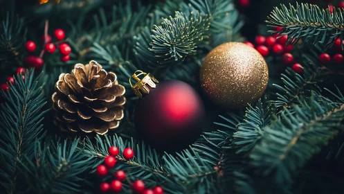 Photorealistic evergreen wreath with ornaments and pinecone detail.