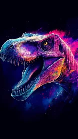 Neon T‑Rex roaring in glowing cosmic rainbow colors.