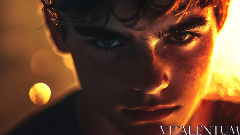 Intense freckled portrait glows with moody cinematic light
