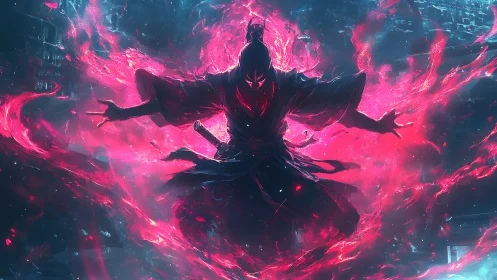 Crimson spirit samurai ignites neon inferno in stormy void.