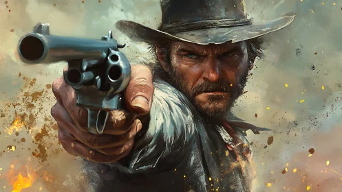 Cowboy points revolver directly toward viewer in close-up