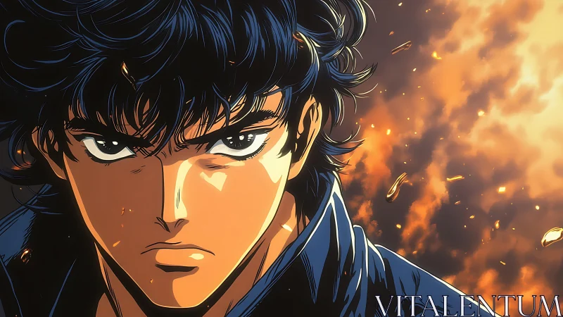 Intense anime warrior portrait against volumetric burning sky
