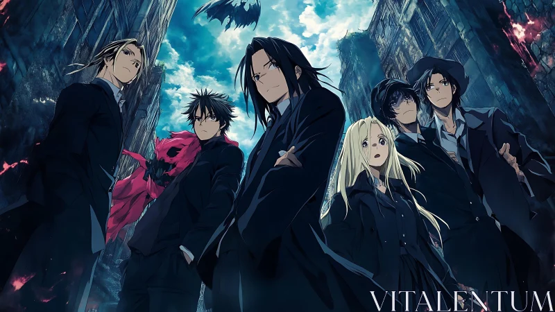 Group of anime characters stands in a ruined urban alley