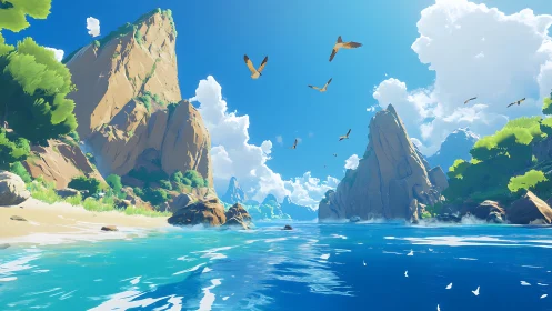 Dramatic Coastal Vista with Towering Rock Formations and Turquoise Waters.