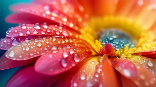 Macro view of multicolored daisy petals with water droplets.