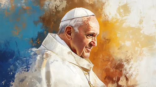 Serene elderly clergyman in white robes against vivid hues