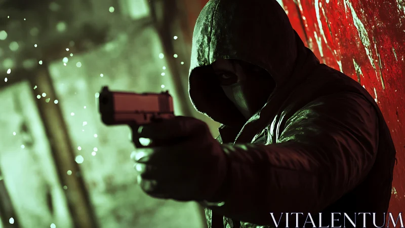 Tense hooded figure holds a handgun in dramatic neon light