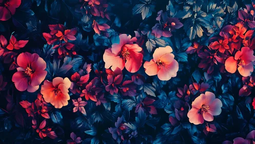 Vibrant Floral Garden: Red and Coral Blooms Against Deep Blue Night.