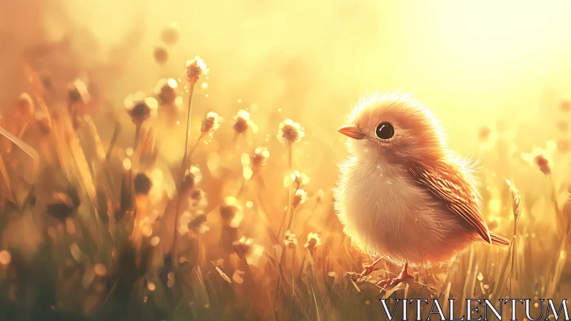 Golden morning meadow with a bright-eyed fluffy chick.