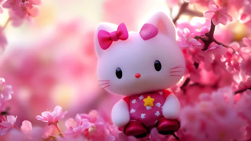 Toy cat figurine is positioned among dense pink blossoms