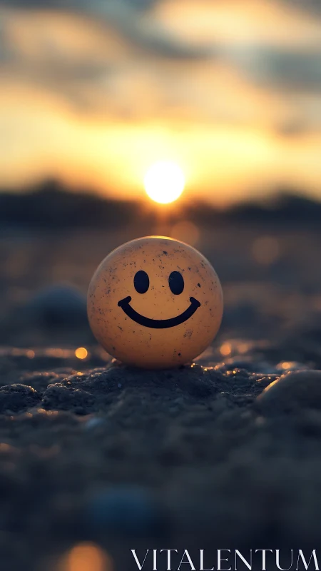 Smiley face ball sits on sandy ground at coastal sunset