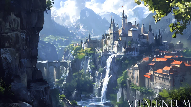 Clifftop waterfall citadel with arched stone viaduct and peaks