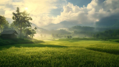 Luminous terraced rice valley in misty morning light panorama.