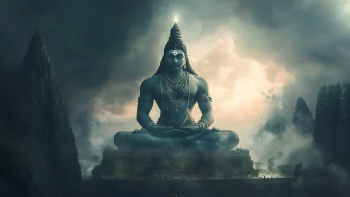 Colossal Shiva statue seated in misty mountainous temple.