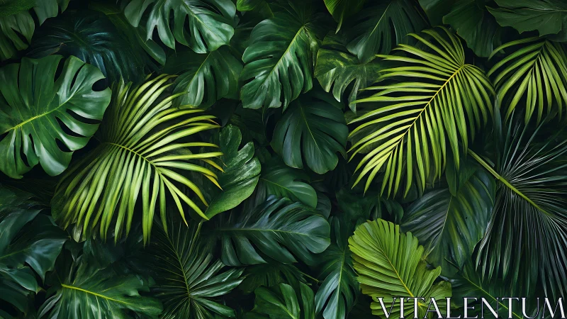 Dense tropical foliage with layered green palm leaves.
