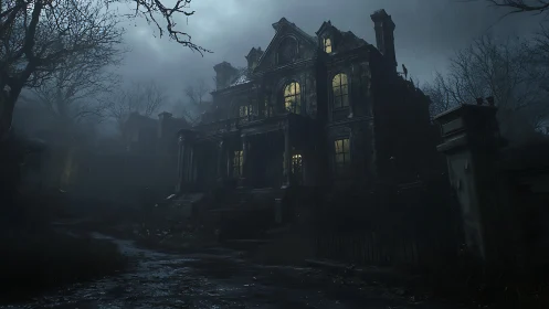 Rain-soaked haunted mansion looms in a misty midnight storm