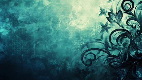 Curving teal florals on textured abstract gradient field.