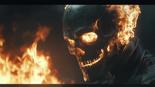 Pyrokinetic skeletal rider in cinematic photorealistic closeup.