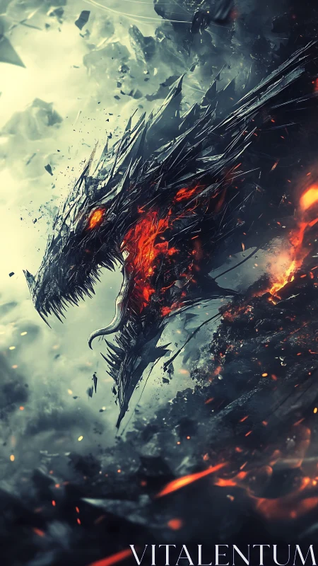 Fragmented obsidian dragon erupting through volcanic storm