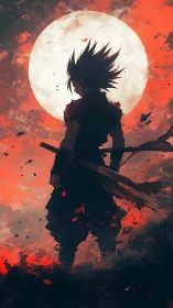 Backlit warrior silhouette before supermoon in red storm sky