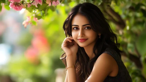 Portrait beauty framed by lush garden bokeh glow.