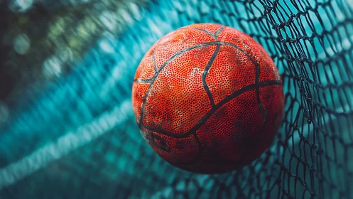 High-friction basketball compresses dynamically into blue nylon net