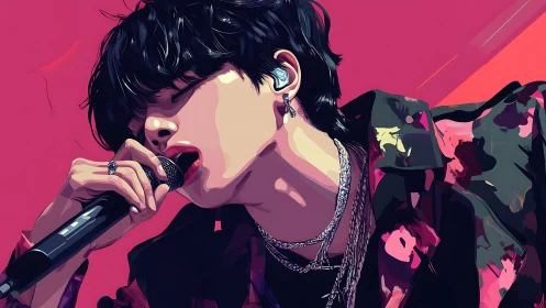 Vibrant digital portrait of singer performing live onstage.