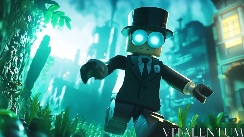 Top-hatted robot minifigure strides through neon jungle ruins