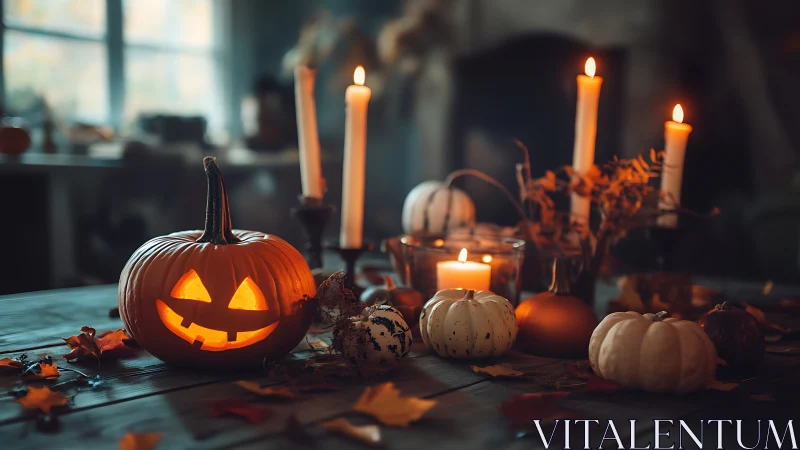 Carved jack-o-lantern and candles on wooden table indoors.