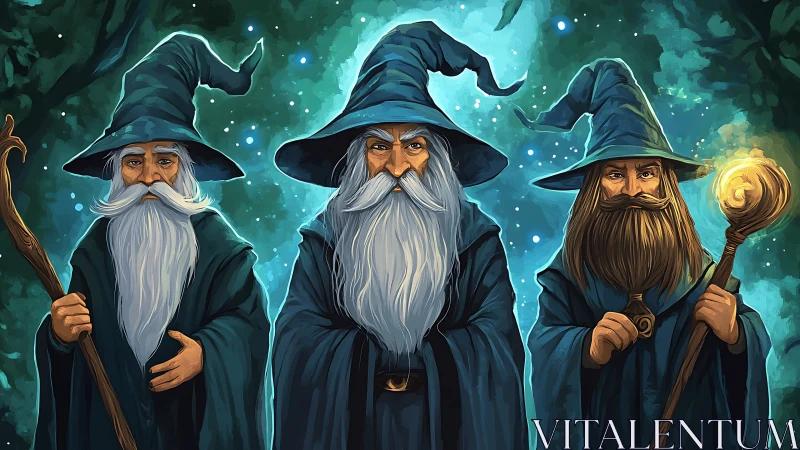 Digital painting of three forest wizards in luminous cloaks.