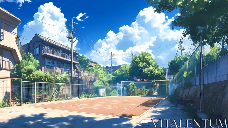 Sunny neighborhood court under clear summer sky.