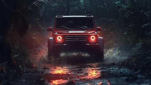 Crimson off-road titan storms through neon-soaked jungle rain.