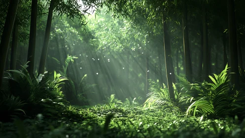 Volumetric Light Penetration Through Layered Bamboo Forest Canopy.