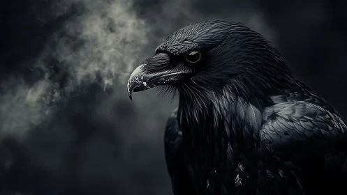 Dramatic close-up of raven in dark, moody atmosphere, digital art.