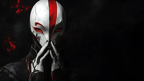 Masked cyber assassin framed by darkness and bloodred glow.