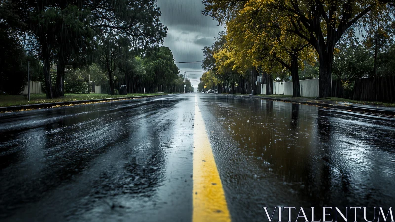 Low-angle wet asphalt street captures reflective rainfall dynamics