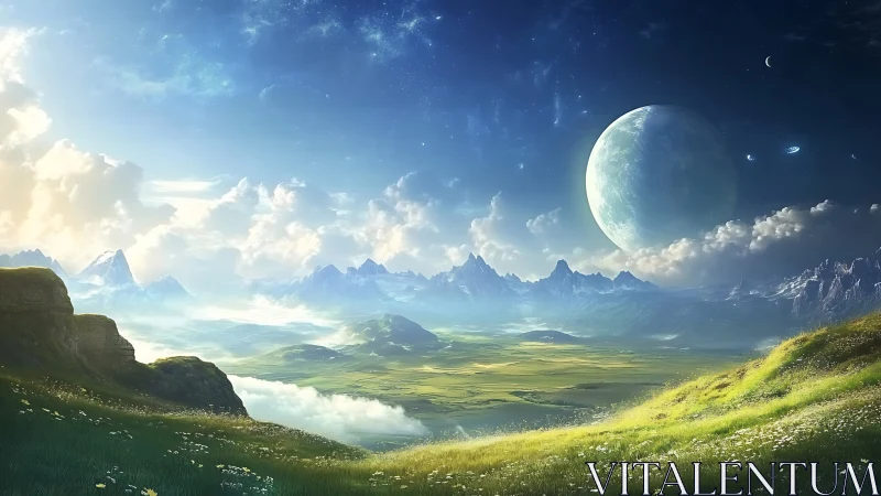 Distant planet above expansive green valley landscape.
