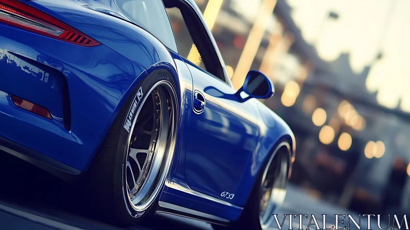Blue sports coupe glows under urban golden hour lights.