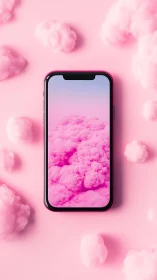 Smartphone with Pink Cloud Wallpaper on Dreamy Background.