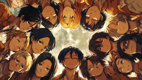 Circle of anime friends gaze upward in warm sunlight.