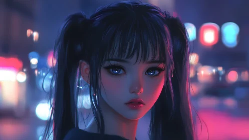 Neon-lit cyber girl portrait in cinematic night bokeh.