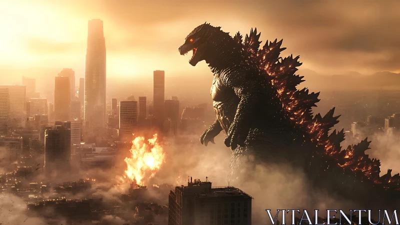 Giant reptilian monster towers over burning modern city skyline